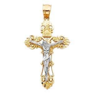 14K Gold 32mm Two Tone Jesus Crucifix Cross Religious Pendant - silverdepot