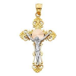 14K Gold Tri Color 21mm Jesus Crucifix Cross Religious Pendant - silverdepot