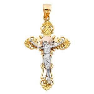 14K Gold 25mm Two Tone Jesus Crucifix Cross Religious Pendant - silverdepot