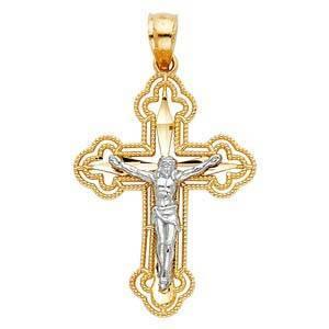 14K Gold 18mm Two Tone Jesus Crucifix Cross Religious Pendant - silverdepot