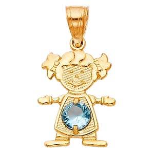 14k Yellow Gold 12mm March Birthstone CZ Girl Pendant