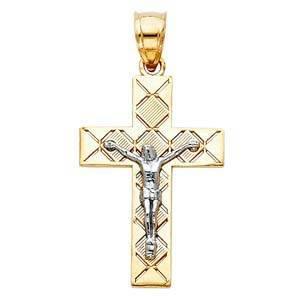 14K Gold 16mm Two Tone Jesus Crucifix Cross Religious Pendant - silverdepot