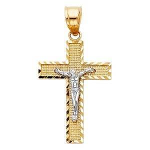 14K Gold 17mm Two Tone Jesus Crucifix Cross Religious Pendant - silverdepot