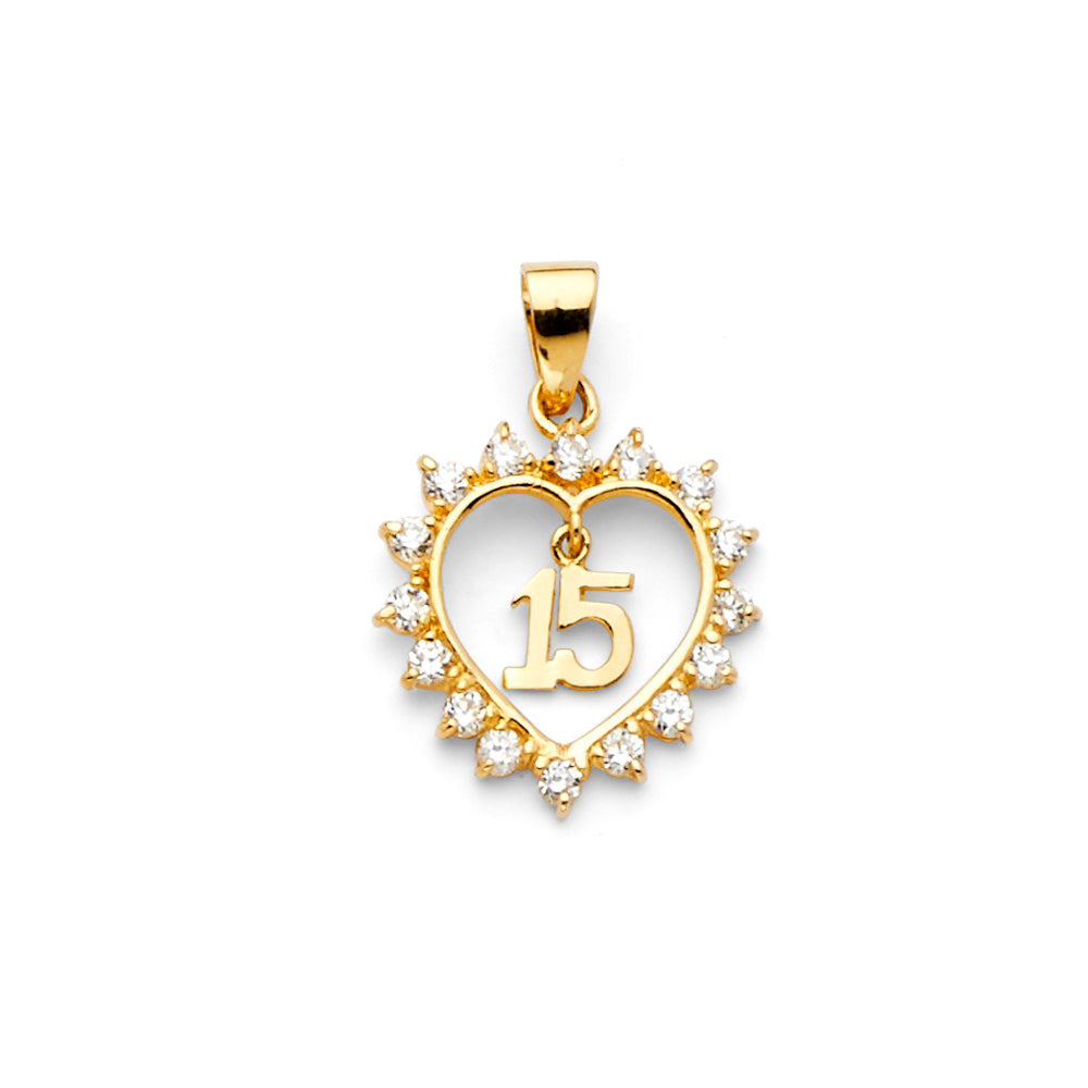 14K Yellow Gold 15mm Sweet 15 Years CZ Pendant