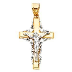 14K Gold 18mm Two Tone Jesus Crucifix Cross Religious Pendant - silverdepot