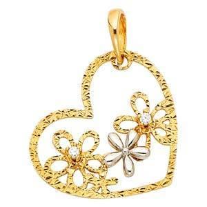 14K Gold 18mm Two Tone CZ Flower Heart Pendant