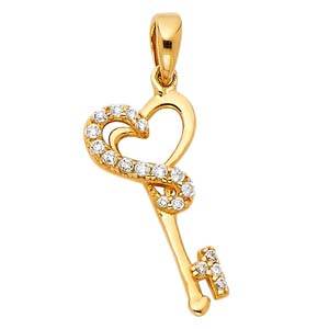 14K Yellow Gold 10mm CZ Key With My Heart Pendant