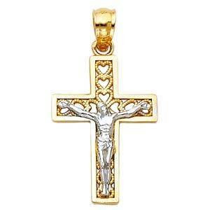 14K Gold 14mm Two Tone Jesus Crucifix Cross Religious Pendant - silverdepot