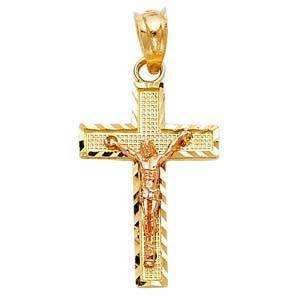 14K Gold 13mm Two Tone Jesus Crucifix Cross Religious Pendant - silverdepot