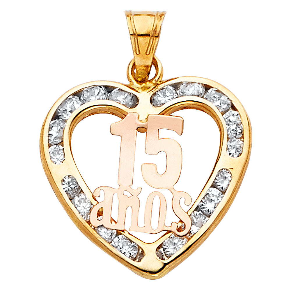 14K Yellow Gold 15mm Sweet 15 Years CZ Pendant