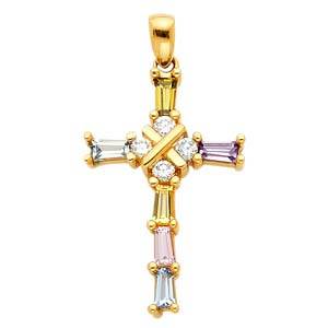 14k Yellow Gold 12mm Cross Multi CZ Religious Pendant