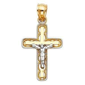 14K Gold 13mm Two Tone Jesus Crucifix Cross Religious Pendant - silverdepot