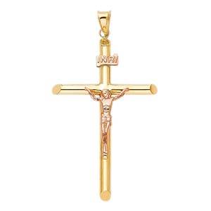 14K Two Tone 24mm Jesus Religious Cross Crucifix Pendant