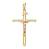 14K Two Tone 32mm Jesus Religious Cross Crucifix Pendant