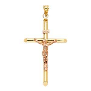 14K Two Tone 37mm Jesus Religious Cross Crucifix Pendant