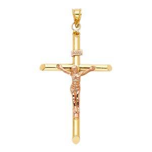 14K Two Tone 37mm Jesus Religious Cross Crucifix Pendant