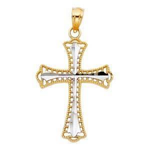 14K Gold 18mm Two Tone Cross Religious Pendant - silverdepot
