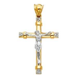 14K Two Tone 30mm CZ Jesus Religious Crucifix Cross Pendant