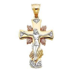14K Tri Color 31mm CZ Jesus Religious Crucifix Cross Pendant