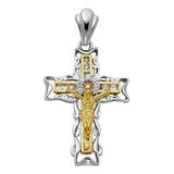 14K Two Tone 23mm CZ Jesus Religious Crucifix Cross Pendant