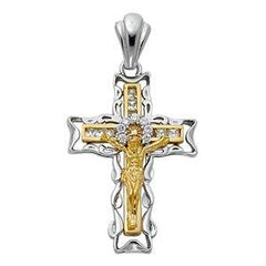 14K Two Tone 23mm CZ Jesus Religious Crucifix Cross Pendant