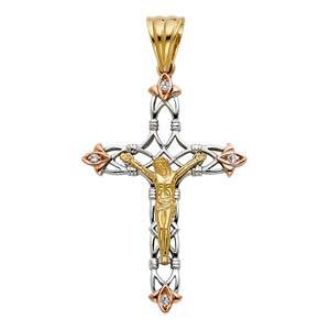 14K Tri Color 33mm CZ Jesus Religious Crucifix Cross Pendant