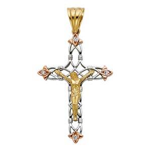 14K Tri Color 33mm CZ Jesus Religious Crucifix Cross Pendant