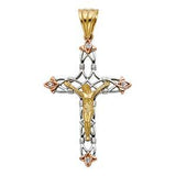 14K Tri Color 33mm CZ Jesus Religious Crucifix Cross Pendant