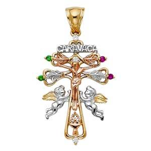 14K Tri Color 28mm CZ Jesus Religious Crucifix Cross of Caravaca Pendant