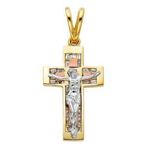 14K Tri Color 24mm CZ Jesus Religious Crucifix Cross Pendant