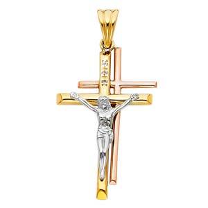 14K Tri Color 24mm Jesus Religious Crucifix Cross Pendant