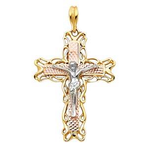 14K Tri Color 24mm Religious Crucifix Cross Pendant