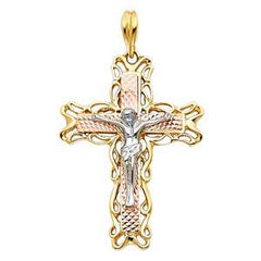 14K Tri Color 24mm Religious Crucifix Cross Pendant