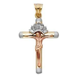 14K Tri Color 20mm CZ Jesus Religious Crucifix Cross Pendant - silverdepot