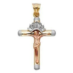 14K Tri Color 20mm CZ Jesus Religious Crucifix Cross Pendant