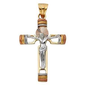 14K Tri Color 22mm Jesus Religious Crucifix Cross Pendant