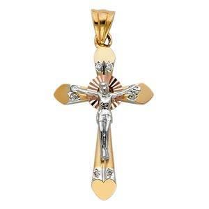 14K Tri Color 19mm CZ Jesus Religious Crucifix Cross Pendant - silverdepot