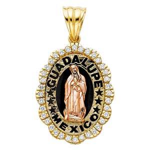 14K Two Tone 25mm CZ Religious Guadalupe Pendant