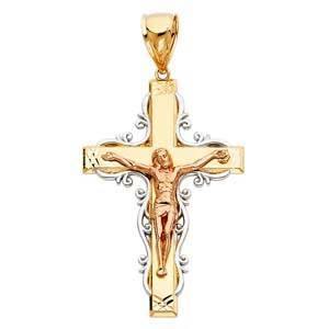 14K Gold Tri Color 33mm Religious Crucifix Pendant - silverdepot