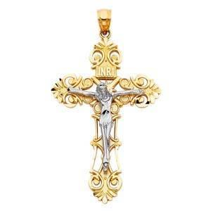 14K Gold 29mm Two Tone Religious Crucifix Pendant - silverdepot