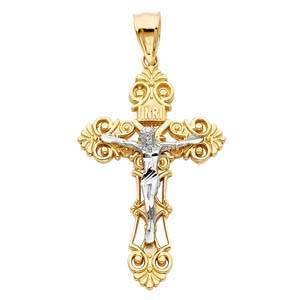 14K Gold 29mm Two Tone Religious Crucifix Pendant - silverdepot