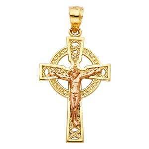 14K Gold 18mm Two Tone Jesus Crucifix Cross Religious Pendant - silverdepot