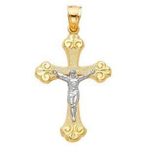 14K Gold 20mm Two Tone Jesus Crucifix Cross Religious Pendant - silverdepot
