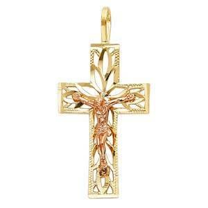 14K Gold 15mm Two Tone Jesus Crucifix Cross Religious Pendant - silverdepot