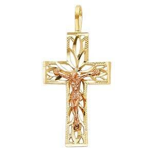 14K Gold 15mm Two Tone Jesus Crucifix Cross Religious Pendant