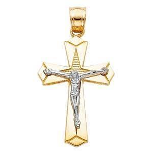 14K Gold 18mm Two Tone Jesus Crucifix Cross Religious Pendant - silverdepot
