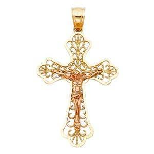 14K Gold Two Tone 22mm Religious Crucifix Pendant - silverdepot