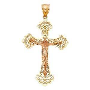 14K Gold Two Tone 28mm Religious Crucifix Pendant - silverdepot