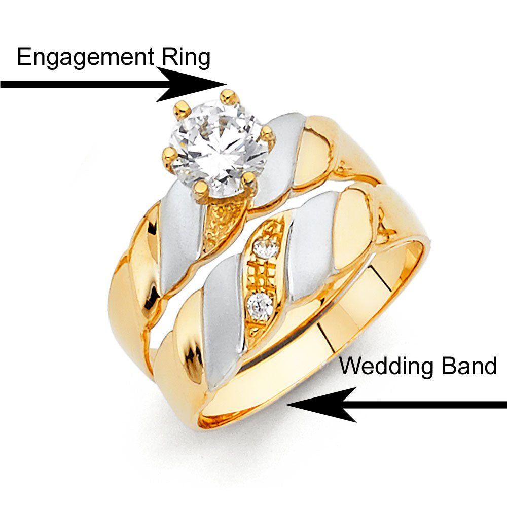 14K Two Tone 5mm CZ Wedding Trio Ladies Wedding Band Sets