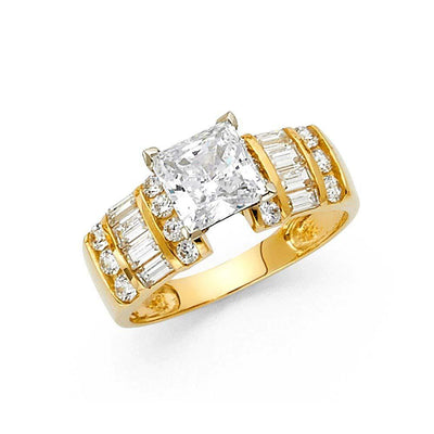 14K Yellow Gold 2.5-CT 4-Prong Princess With Baguette And Polished Finish Round Side CZ Engagement Ring - silverdepot
